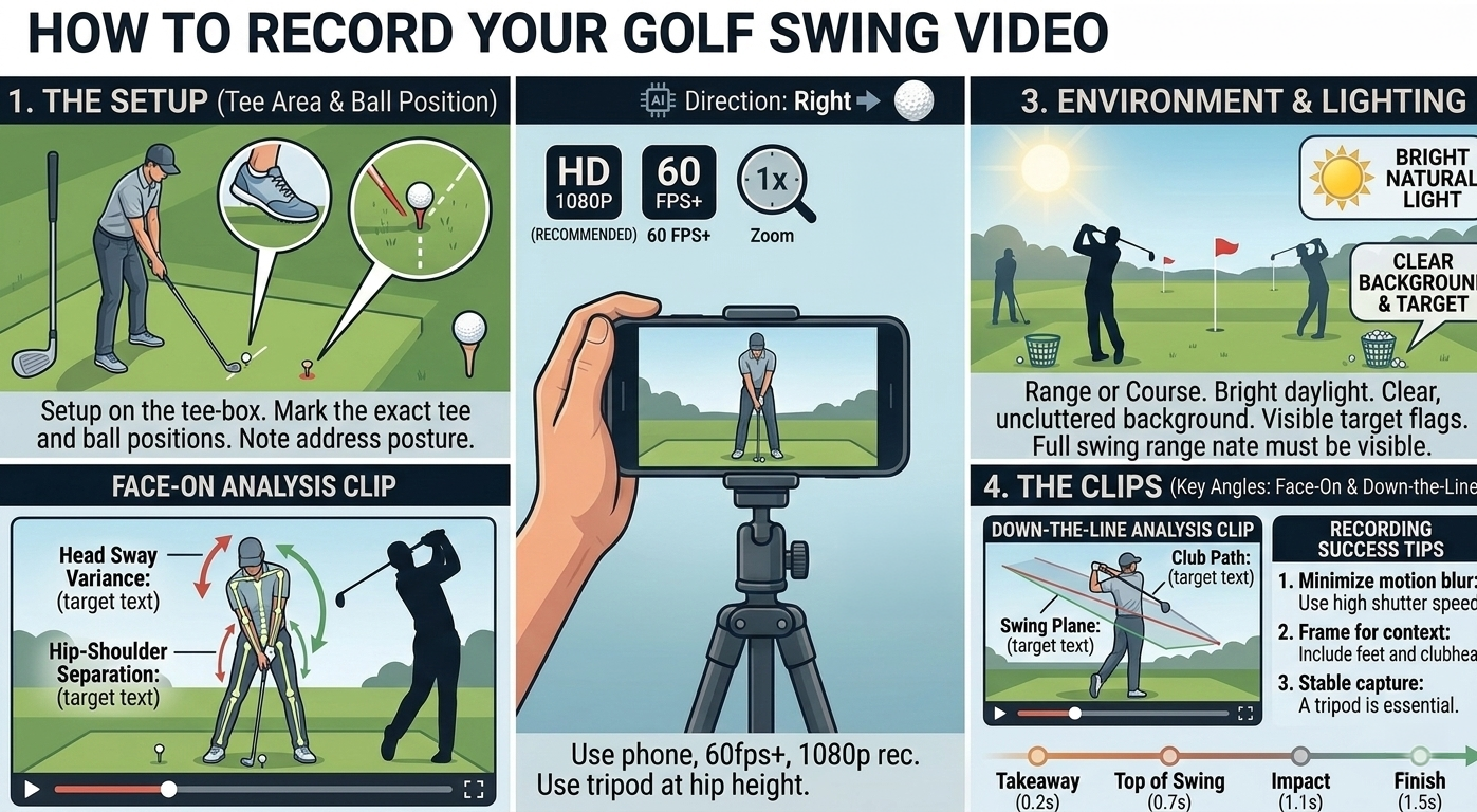 Golf swing recording guide with face-on and down-the-line camera setup