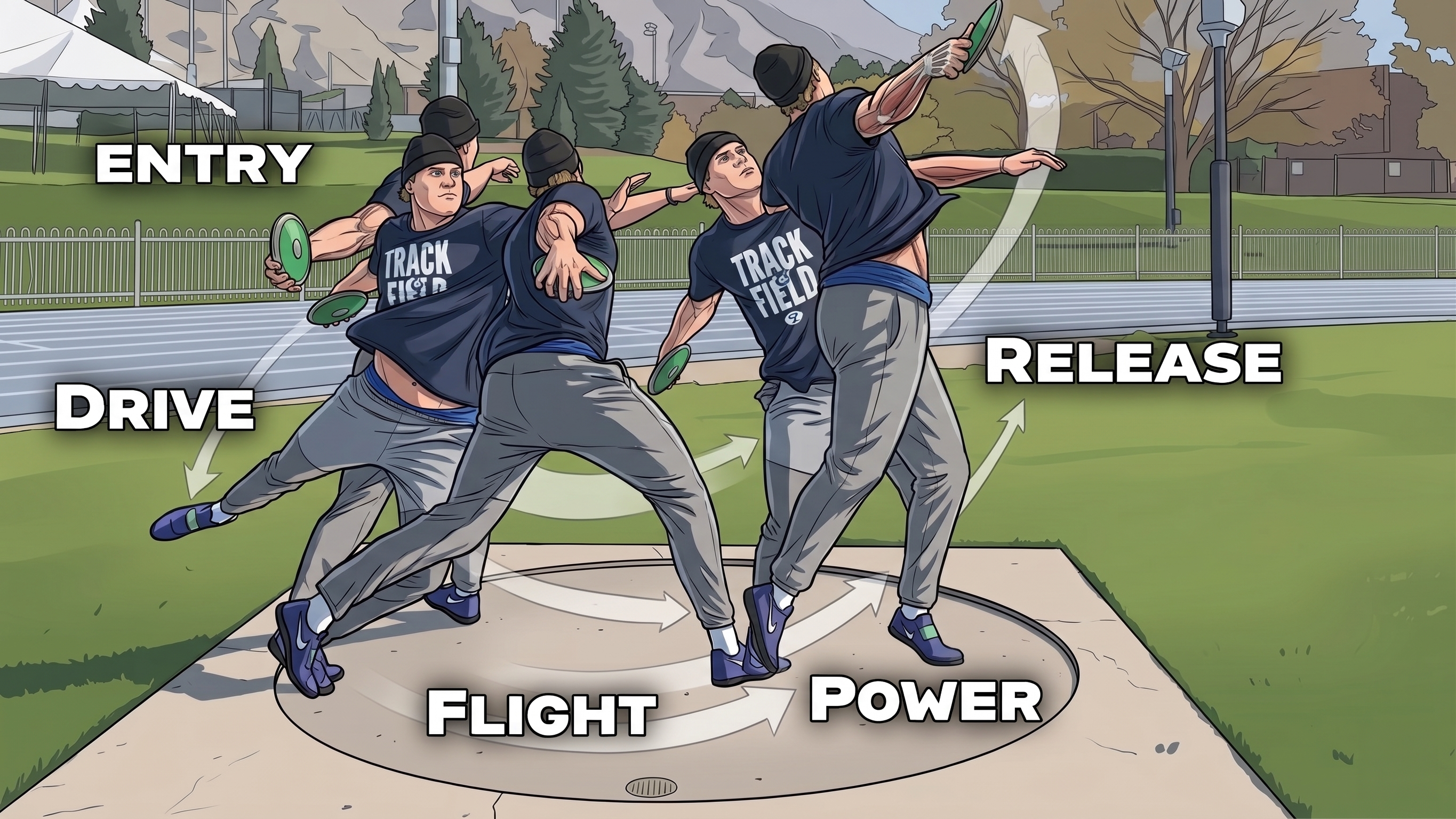 Shot put and discus phase breakdown for setup, entry, drive, power, release, and recovery