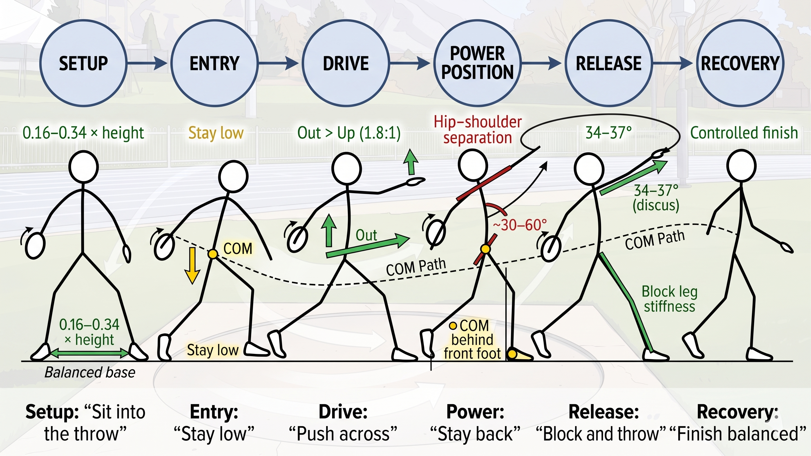 Shot put and discus report layout with score, quick metrics, and analysis cards
